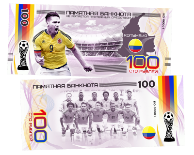 Пластиковая банкнота 100 рублей Футбол Чемпионат мира 2018 Колумбия Фалькао 