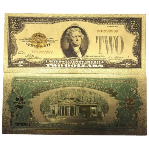 Золотая банкнота Сертификат 2 Доллара США