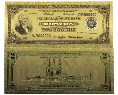 Золотая банкнота Сертификат Бостон 2 Доллара США