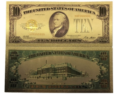 Золотая банкнота Сертификат 10 Долларов США