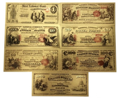 Золотые банкноты Сертификат национального банка 1-1000 долларов США 